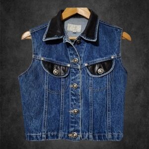 Vintage denim and black leather trimmed short coat vest